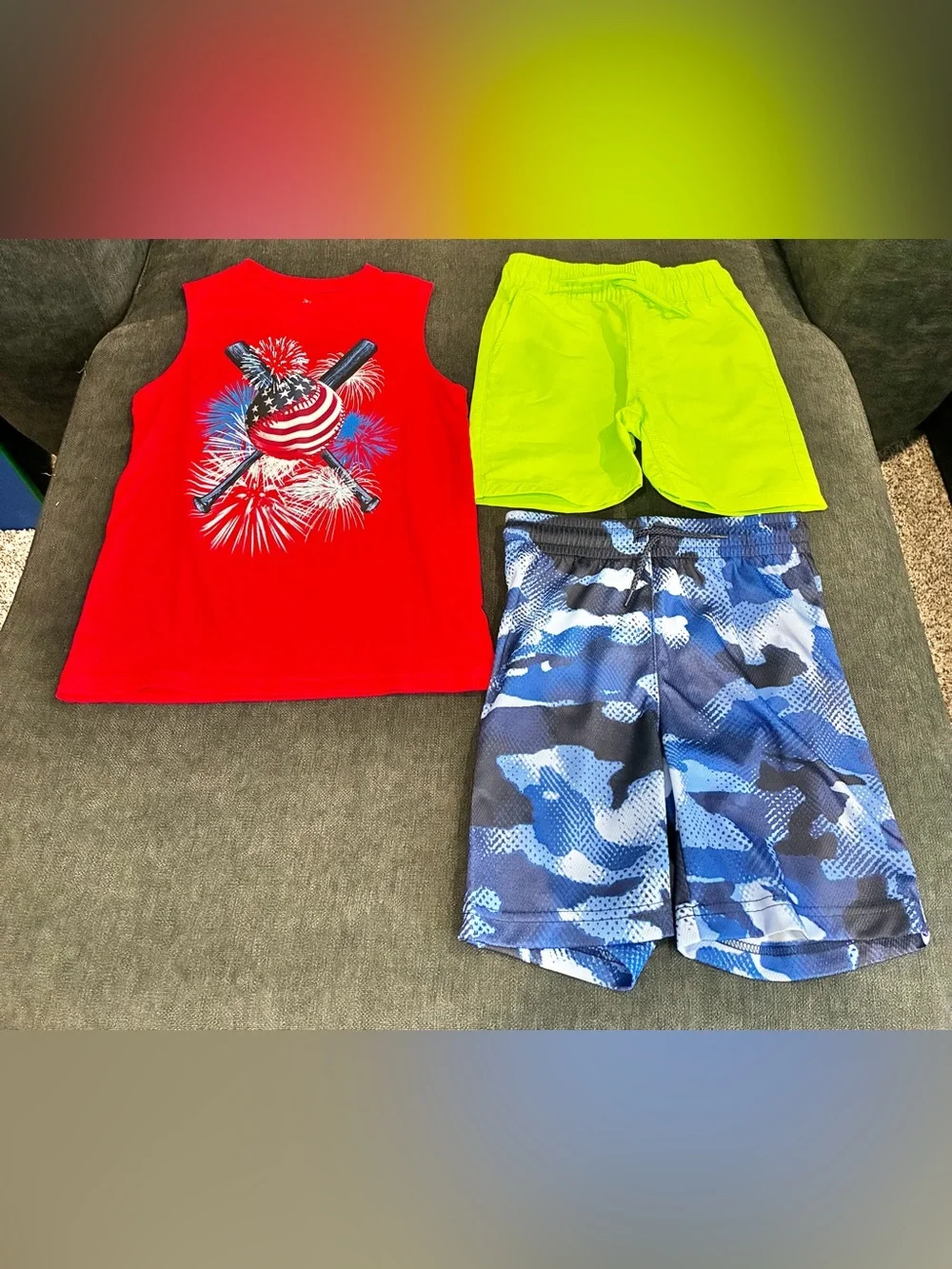 Boys Shorts Tank Bundle Lot of 3 NWT Athletic Camo Neon Fireworks Size 5/6